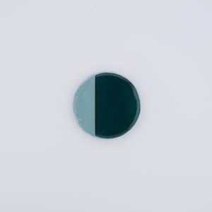 May include: A small, round object with a smooth surface, divided into two halves. One half is a muted teal color, and the other is a deep, dark teal. The object is set against a plain white background.