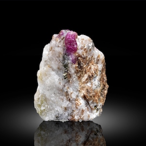 May include: A raw ruby gemstone embedded in a matrix of white, tan, and brown rock. The ruby is a vibrant, deep red color and is the focal point of the image. The rock has a rough, natural texture.