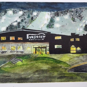 Bousquet-Skigebiet bei Nacht in Berkshires, MA Aquarell Druck Postkarte
