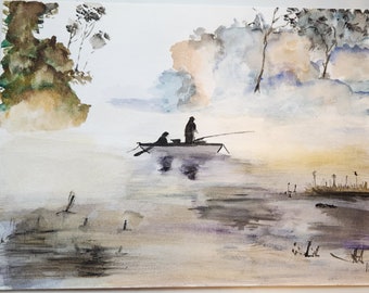 Pêcheur du matin sur Dyken Pond, Berlin, NY, nord de l'État de New York, carte postale imprimée à l'aquarelle