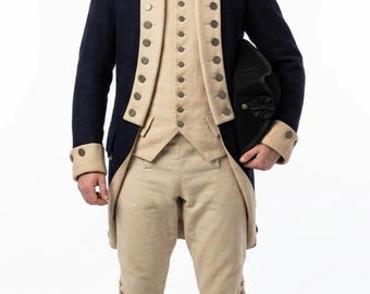 18th Century Continental Army Officer Uniform – Revolutionary War Military Reenactment Suit – Navy Blue Wool Frock Coat