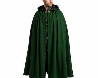Men's Wool Hooded Cloak with Clasp | Medieval Elven Cape for Cosplay, Renaissance Faire, Fantasy LARP Costume