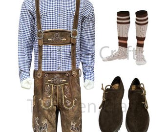 Men's Authentic German Bavarian Lederhosen Oktoberfest Costume with Blue Shirt and Brown Bavarian Shoes with Free Socks