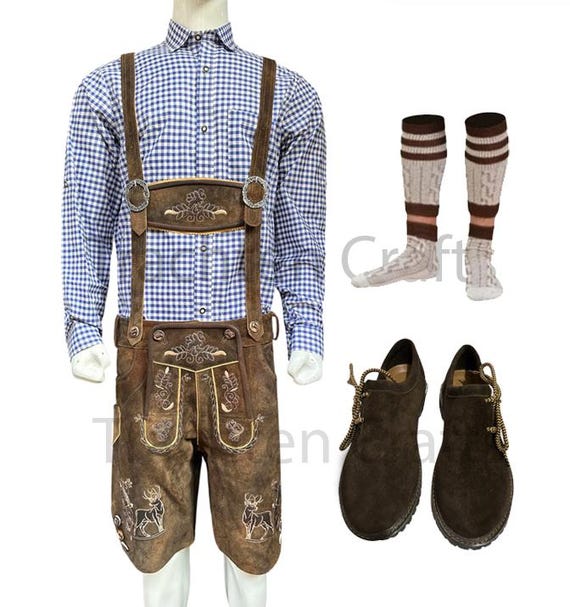 Men's Authentic German Bavarian Lederhosen Oktoberfest Costume with Blue Shirt and Brown Bavarian Shoes with Free Socks