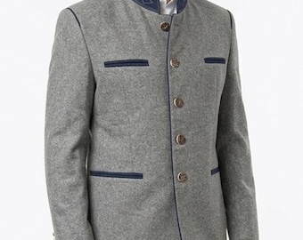 May include: A gray wool jacket with a mandarin collar and navy blue trim. The jacket features decorative buttons and pocket details. The jacket is a classic style.