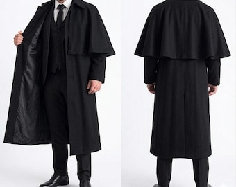 Men's Victorian Inspired Inverness Cape Coat Classic Tailored Wool Long Sleeves Christmas Cape Coat