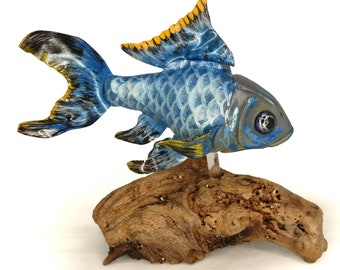 Handmade gourd fish sculpture #76 - Metallic blue goldfish