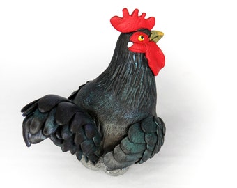 Mini Gourd chicken art sculpture #35 - Black Rooster