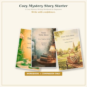 May include: Three rectangular writing workbooks titled Cozy Mystery Story Starter, A Cozy Mystery Writing Workbook for Beginners, and Write with confidence. The covers feature illustrations of a teacup, a stack of books with a lamp, and a picnic basket.