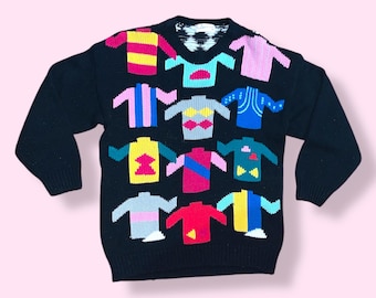 Suéter masculino/feminino vintage dos anos 80 colorido/xadrez oversized de malha grossa "suéter"