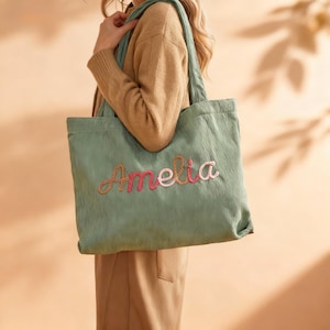 Custom Corduroy Tote Name Bag, Everyday Tote and Travel Tote Bag