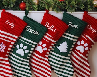 Personalized Embroidered Stripe Christmas Stocking: Paw Snowflake Christmas tree in Christmas Stocking