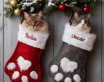 Personalized Embroidered Paw Christmas Stocking, Cat Stocking, Custom Pet Xmas Stocking with Name,Dog Stockings,Christmas Family Gifts