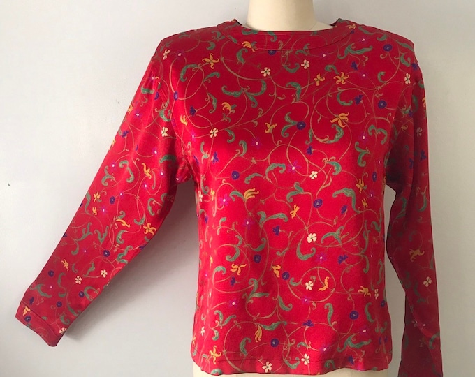 80s UNGARO red silk blouse, vintage 1980s floral print silk top, Emanuel Ungaro designer blouse M