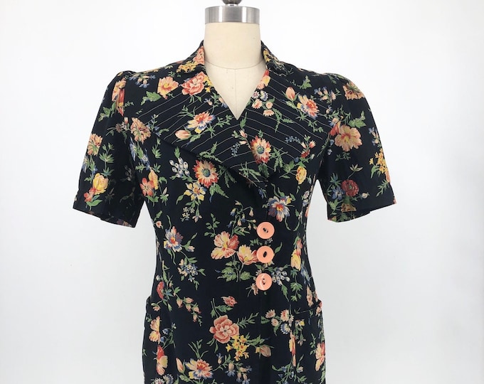 30s black floral print cotton over dress
