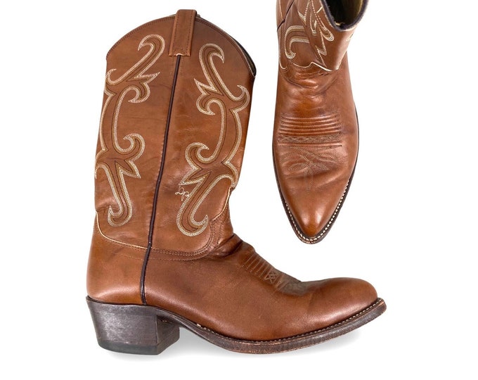 vintage Dan Post brown cowboy boots MENS size 8 D WOMENS size 10, western cognac stitched rodeo shoes 70s 80s