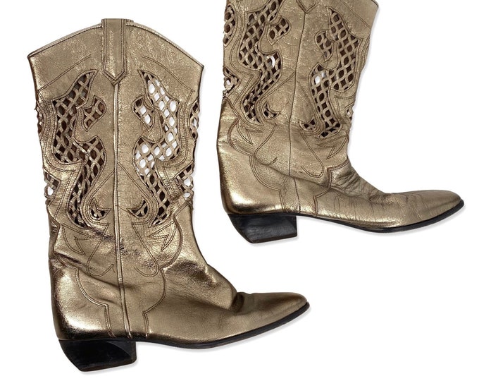 80s sz 8.5 Metallic Leather Flat Boots, Vintage 1980s Gold Fancy Rodeo Cowgirl Boots, Lattice Lace, Wide Calf Punk Disco