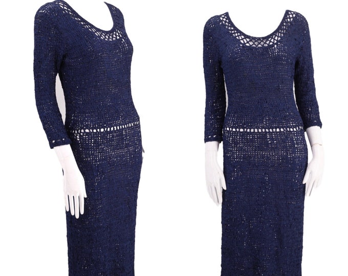 50s crochet dress 6, vintage 1950s navy ribbon dress, knit sweater girl dress, pin up body con wiggle dress M 60s