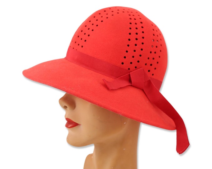 60s ADOLFO orange felt hat, vintage 1970s perforated wide brim hat, 1960s tangerine mod hat Pirouettes