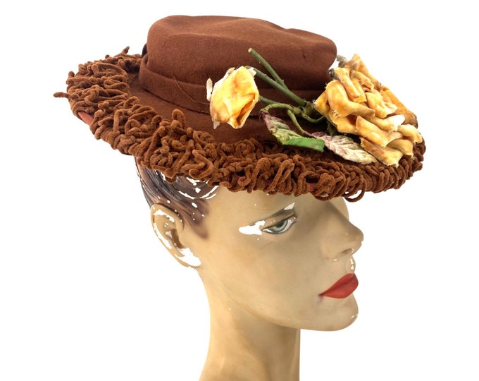 1940s tilt hat, vintage 40s fascinator, brown felt toy hat, WWII era cocktail hat Gabel
