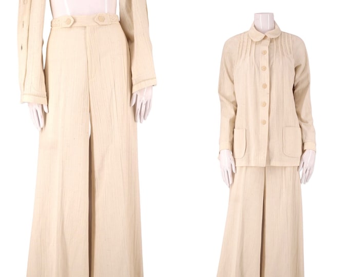 70s bell bottom pants suit 8, vintage 1970s Garland ivory gauze outfit, bells jacket set M