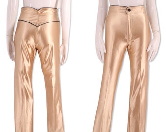 70s gold disco pants S/M, vintage 1970s original spandex Great Escape Fredericks pants, shiny champagne skin tight leggings size 4-6 1980s