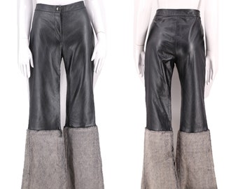 90s RAVER fun fur leather pants M / vintage 1990s bell bottom CLUB KID soft black Leather flares pants 8-10