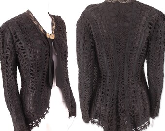 1800s tape lace jacket, Victorian Edwardian mourning bodice, antique 1900s bustle jacket S