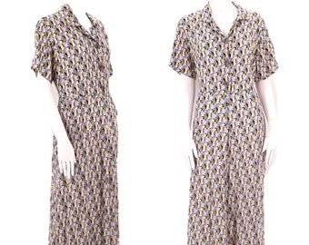 90s FLAX rayon print dress L / vintage 1990s does 40s button front dress L