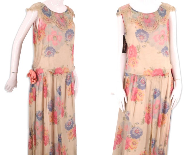 20s silk chiffon print dress, vintage 20s Art Deco flapper dress, rose print Gatsby dress Antique