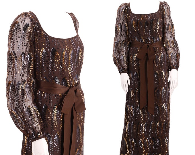 70s ADELE SIMPSON brown sequined evening gown / 1980s chiffon peasant sleeve maxi hostess dress L 10 12
