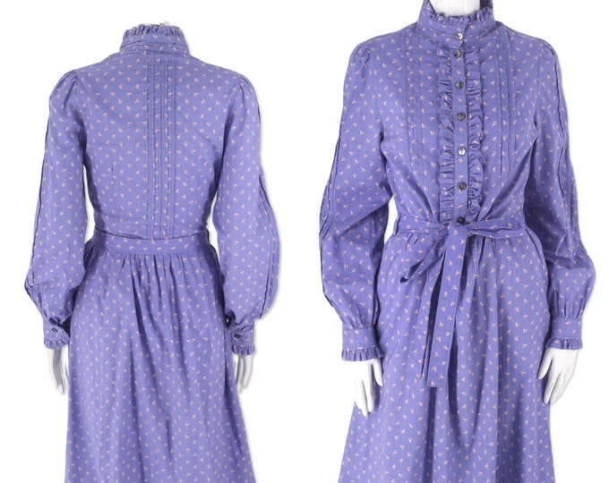 70s LAURA ASHLEY Wales prairie dress sz M, cottage core vintage 1970s blue calico dress cotton us 12 uk 14