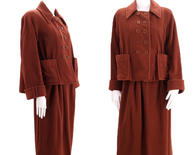 50s Peck & Peck skirt suit sz M-L, early 1950s brown wool trapeze jacket, 50s pencil skirt coat