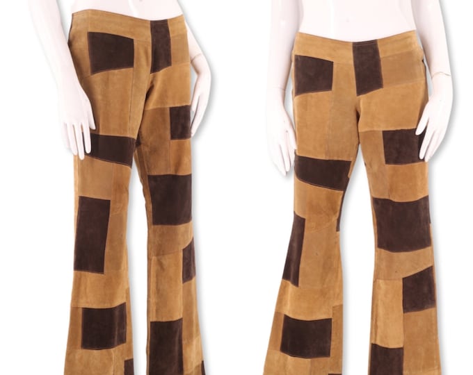 Y2K Patchwork Suede Pants 9/10, vintage 1990s Misdemeanor leather flares, 2000s low rise pants bells 32"