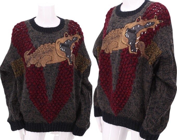 80s GATOR appliqué mens sweater M / vintage 1980s crazy 80s gray knit leather alligator crocodile top medium