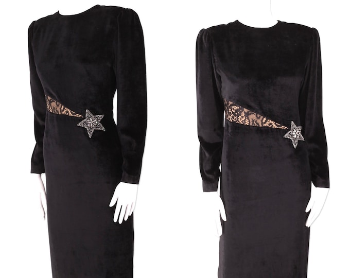 80s HANAE MORI vintage velvet dress 6 / black 1980s cocktail dress  / celestial print evening holiday dress designer Japan M