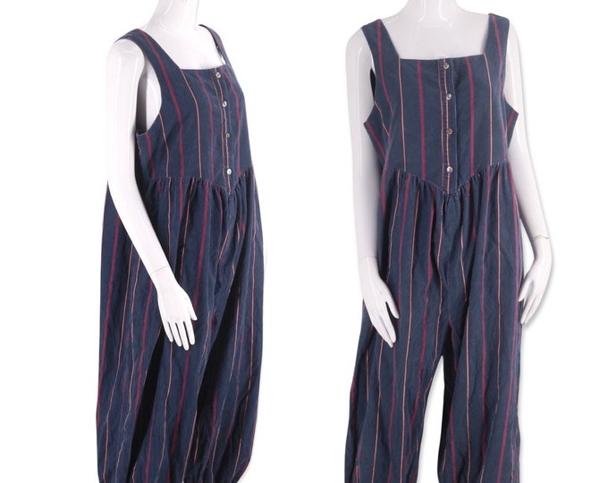 80s LAURA ASHLEY corduroy jumpsuit size Large, vintage 1980s striped romper, UK cotton navy Ireland onesie Large L 70s cottage xl