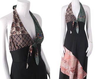 70s patchwork kerchief disco halter dress S, vintage 1970s poly print dress, black scarf Studio 54 party dress 2-4
