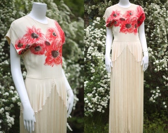 1940s rare hand painted crepe gown with fringe M / vintage 40s WWII cream evening dress floral bridal maxi sz 8