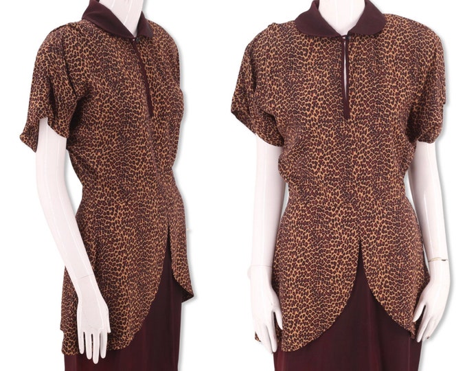 80s NORMA KAMALI leopard print dress 6, vintage 1980s does 40s retro designer dress Omo As Is 90s