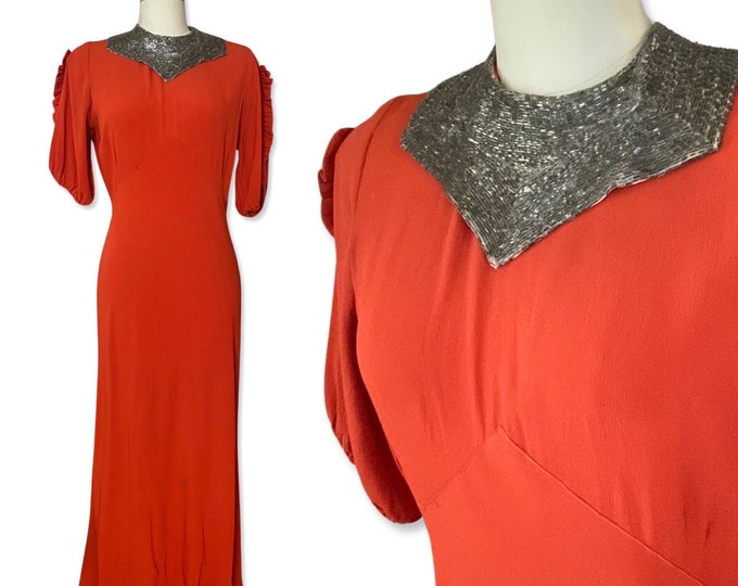 1930s bias cut dress, vintage 30s rayon crepe beaded gown S/M, Carnelian depression era gown, antique clothing womens M 6-8