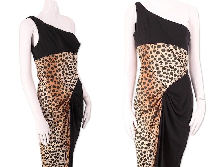 70s FUNKY leopard print disco dress M / 1970s vintage one shoulder slinky cocktail dress 6