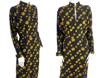 40s silk rayon day dress, vintage 1940s medallion print tailored dress, 50s wiggle dress, black yellow dress 25" W