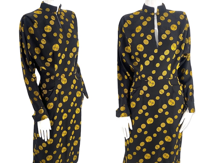 40s silk rayon day dress, vintage 1940s medallion print tailored dress, 50s wiggle dress, black yellow dress 25" W