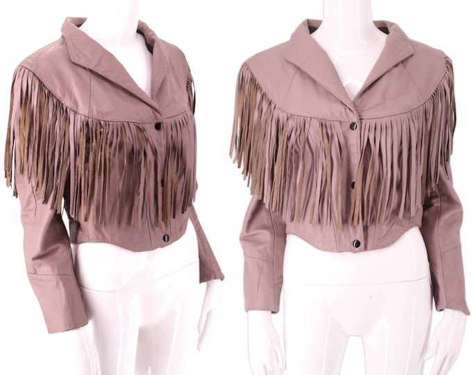 80s Western leather fringe jacket in warm gray S  / vintage 1980s cropped western rock & roll jacket