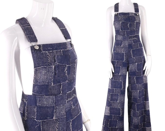 1970s Patchwork Print Overalls Jumpsuit size Large, Vintage Bell Bottoms, custom denim, Women's Jumpsuit size 10 m/l