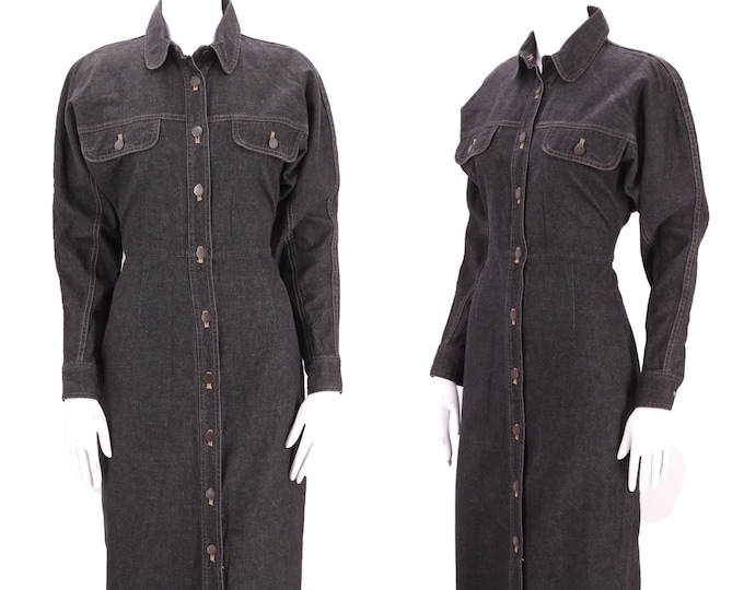 90s NORMA KAMALI black denim dress 8 / vintage 1990s designer loosely tailored modern shirt dress M
