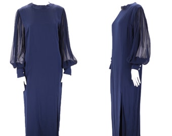 70s PAULINE TRIGERE navy silk column gown 8 / vintage 1970s blue evening gown with chiffon bishop sleeves maxi dress M