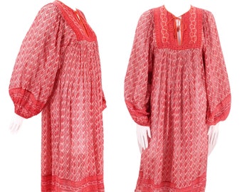 70s JUDITH ANN peasant dress S, vintage 1970s Rita Kumar red tissue cotton dress, India print festival caftan XS 4