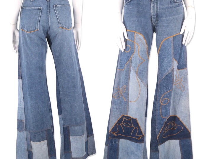 rare 70s patchwork denim bell bottoms jeans 30, vintage 1970s Bitterroot embroidered high rise bells, 70s frog flares pants sz M 8 -10